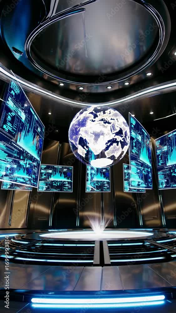 Poster futuristic video concept with a low-angle view of a digital globe surrounded by floating screens, se
