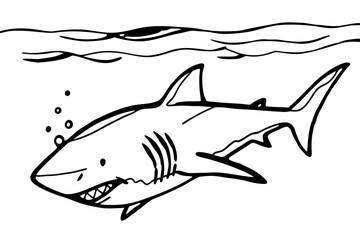 Hand Drawn Shark Illustration with Water Line and Bubbles in Black and White