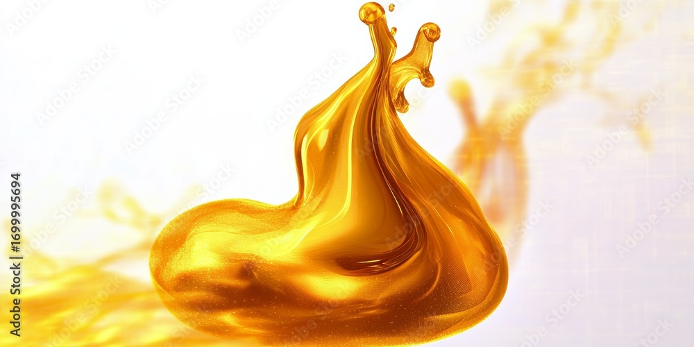 Poster dynamic splash of abstract amber liquid with smooth texture isolated on pure white background