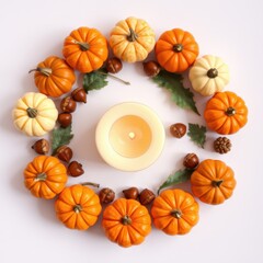 Arrangement of pumpkins and candle for the concept of thanksgiving day  