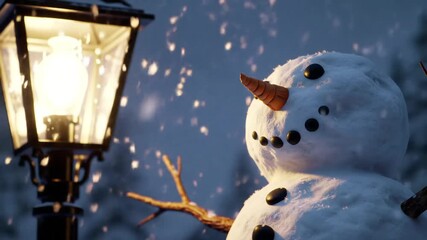 Snowman under glowing street lamp with snowfall in cozy winter night - Powered by Adobe