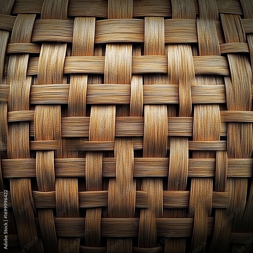 Poster Closeup of Handmade Woven Mat with Intricate Patterns, Horizontal and Diagonal Strands in Studio