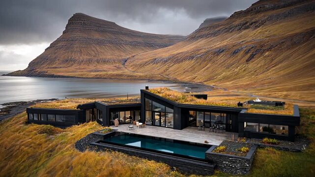 Modern, secluded house perched on a hillside overlooking a tranquil fjord, with a dramatic mountain backdrop.