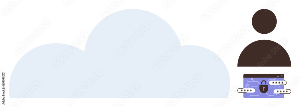 Poster cloud surrounding user profile with locked keycard emphasizes privacy, security, and online data pro