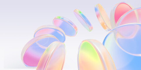 Abstract 3d background with rainbow glass transparent circle discs. Pastel blue, pink, green, yellow gradient disks, crystal plates with watercolor texture and circular motion effect. 3D illustration