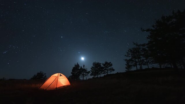 Timelapse of Night Galaxy Stars and Moonset Over The Camping Tent in forest