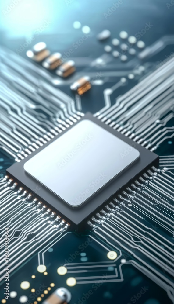 Aufkleber close-up of a silver microchip embedded in a complex network of advanced cybernetic technology.