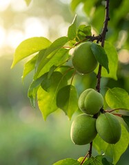 Fototapeta premium Fresh, vibrant green apricots hang on a branch, illuminated by soft sunlight filtering through lush green leaves.