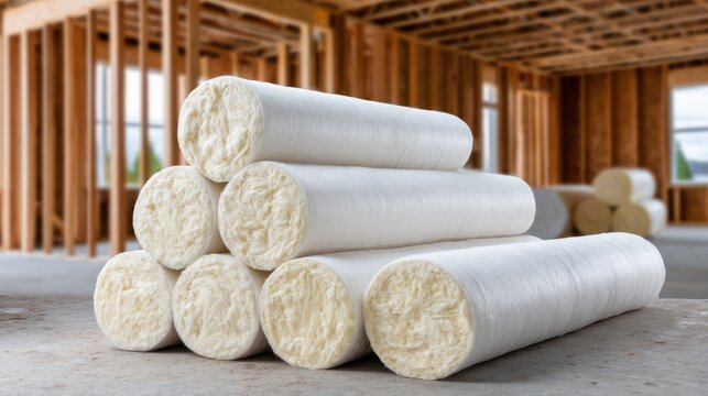 Rolls of white thermal insulation material are stacked on a concrete floor inside a new building's wooden frame.
