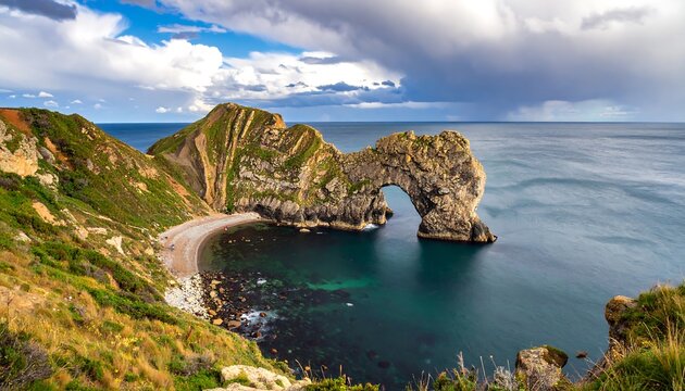 Dramatic coastal archway framed by cliffs and beach