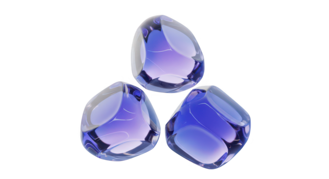 Three purple and blue glass beads isolated on transparent background