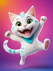 Fototapeta premium Jumping Cute Character: A spirited cartoon character, the cat-like creature with an infectious grin, defies gravity with joyous exuberance. captured against vibrant background.