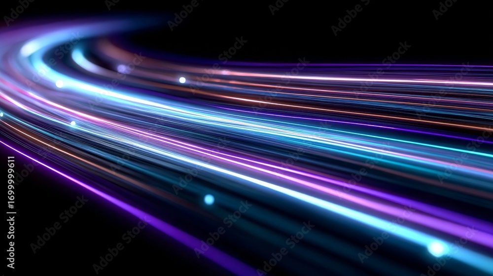 Poster futuristic digital network data stream with glowing lines showcasing speed and technology.