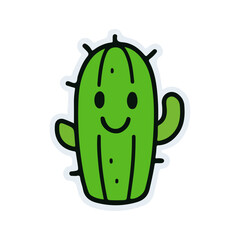 Cute Cartoon Cactus Sticker with Smiling Face in Minimal Doodle Style