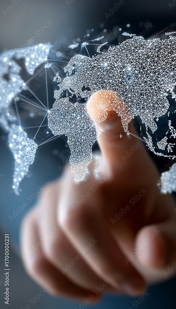 Poster interactive global networking interface showcasing a holographic world map and connected humanity