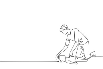 Continuous line drawing of a man checking the airway of a patient lying on the ground, illustrating health concept for National CPR and AED Awareness to encourage quick emergency response.