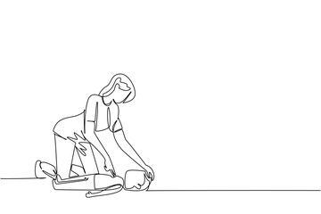 Single line drawing of a woman checking the airway of a patient on the ground, representing health concept for National CPR and AED Awareness to promote emergency life-saving skills.
