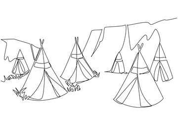 Continuous line drawing of a Native American teepee village, illustrating culture concept for American Indian Citizenship Day and celebrating traditional indigenous community life.