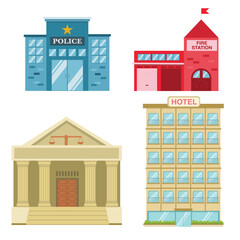 Illustration A Police Station Fire Station Courthouse And Hotel Building Designs in flat style