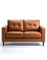 Fototapeta premium Simple, modern, light brown leather loveseat against a plain white background, showcasing clean lines and subtle details.