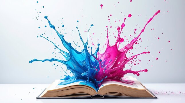 Rainbow paint splash bursting from open book, representing the creative process and writing inspiration for educational content.