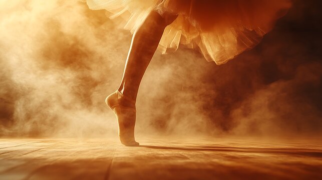 Graceful Ballet Dancers Leg in Dramatic Warm Light with Focus on Pointe Technique. - Powered by Adobe