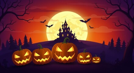 Spooky glowing Halloween Jack-o'-lanterns lined up in front of a haunted castle, full moon, and dark forest under an ominous orange sky