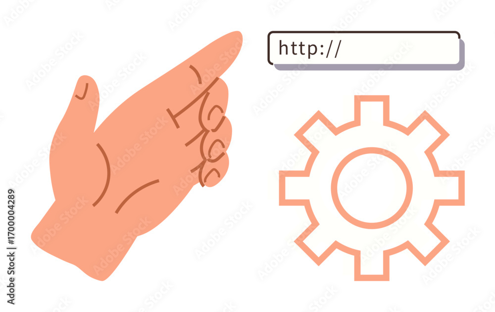 Poster hand pointing at a url bar beside a gear icon, representing web navigation, technology, settings, op