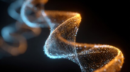 Abstract glowing helix with connected dots and lines on a dark background with blue and orange light