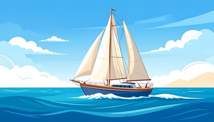 Fototapeta premium A picturesque sailboat glides across a tranquil ocean under a vibrant blue sky dotted with fluffy white clouds.