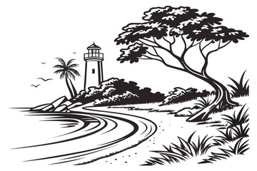 Coastal Lighthouse Scene with Palm Tree and Ocean.