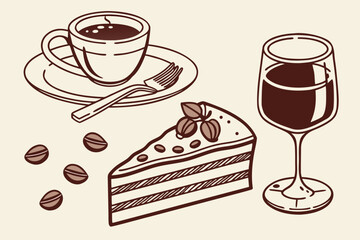 Coffee Cup Cake Slice and Wine Glass Illustration.