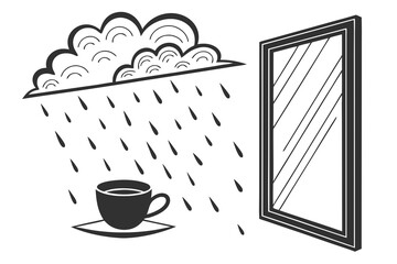 Coffee cup under rain next to mirror.