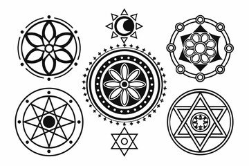 Collection of Black and White Geometric Symbols and Mandalas.