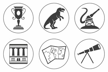 Collection of Icons Trophy Dinosaur Crane Building Map Telescope.