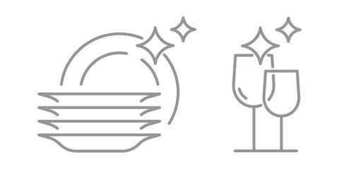 Clean and shiny dishes linear icons. Editable Stroke. Dishwashing symbols set with dishware line icons. Simple outline icons for cleaning service, hygiene and kitchen care on transparent background.