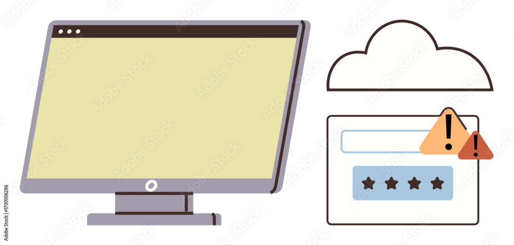 Poster desktop computer alongside a cloud login form with input field, password dots, and warning icons. id