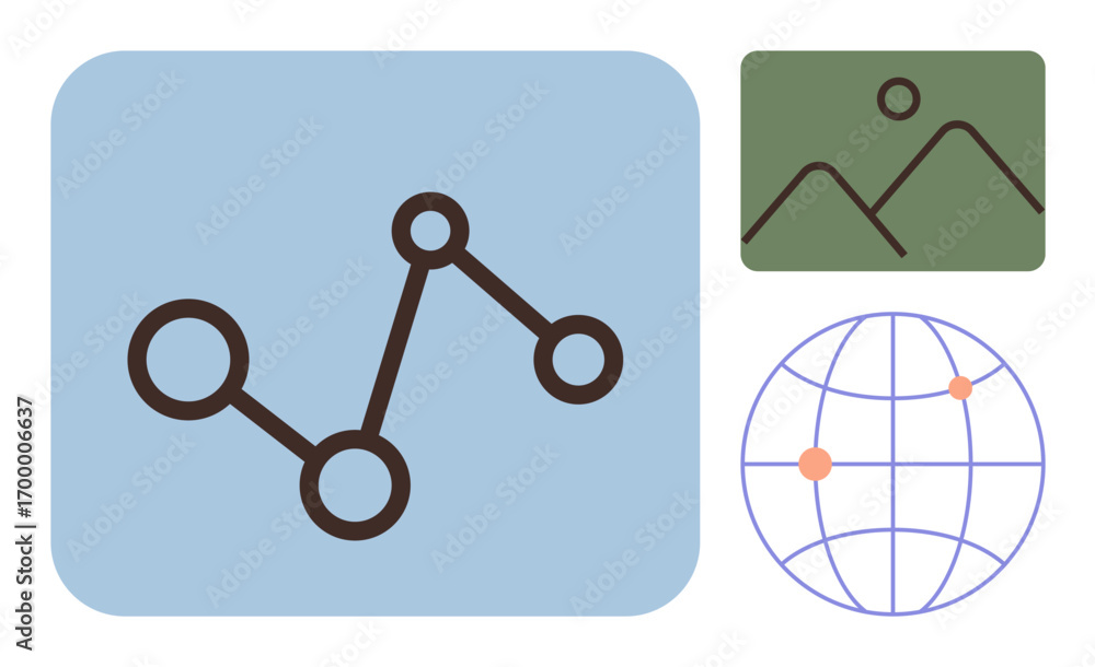 Poster line graph with interconnected nodes, mountain chart in green, globe with highlighted points. ideal 