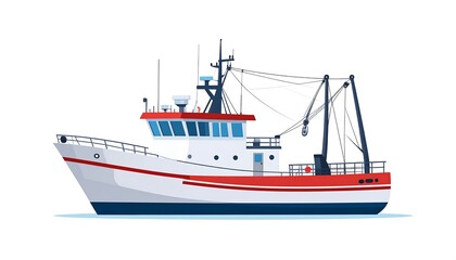 A side view of a fishing trawler, showcasing its detailed design elements and nautical colors.