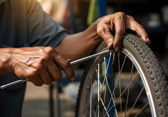 A close-up shot of a person's hands using a tool to adjust the spokes on a bicycle wheel.