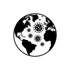 Global Pandemic Illustration Black and White Globe with Coronavirus Cells Representing Worldwide Health Crisis and Disease Spread