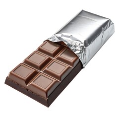 Delicious milk chocolate bar partially unwrapped in silver foil wrapper on a white background close up