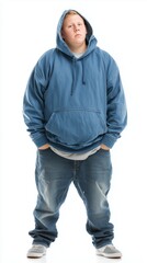 Fototapeta premium Chubby Teen Boy in Blue Hoodie and Baggy Jeans Standing Confidently