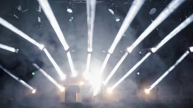 This video captures a stunning stage setup with powerful beams of white light shining through smoke, creating a dramatic concert atmosphere perfect for music events and live performances.