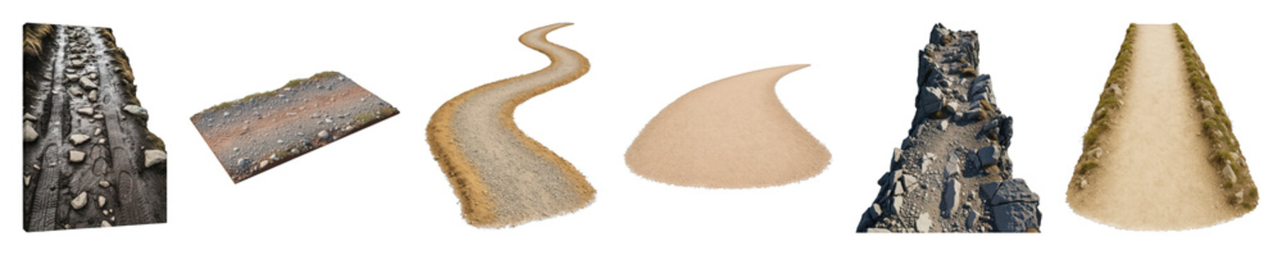 Nature path set including muddy, rocky, gravel, sandy, winding, and straight sections isolated. Versatile elements for landscape and environment design.