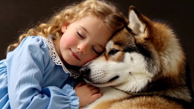 Little girl and her husky dog sharing a tender moment of sleep and aff