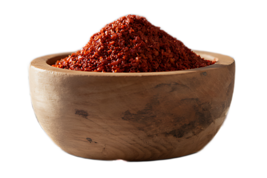 A mound of vibrant red ground sumac or crushed chili flakes piled high in a rustic wooden bowl, isolated on a white background.