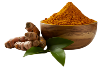 Golden turmeric powder in a wooden bowl, presented with whole rhizomes and fresh citrus-like leaves, isolated on a white background.