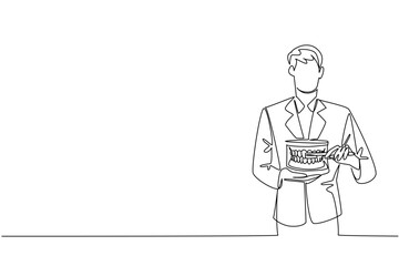 A one line drawing of a male dentist demonstrating tooth brushing on a dental model, symbolizing oral hygiene education for National I Love My Dentist Day in a health concept.