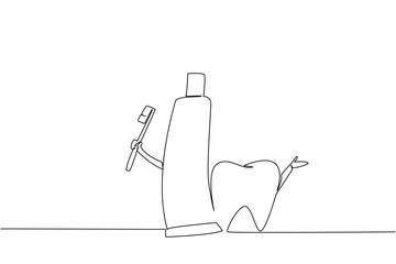 A continuous line drawing of toothpaste holding a toothbrush beside a tooth, promoting daily dental hygiene for National I Love My Dentist Day in a health concept design.